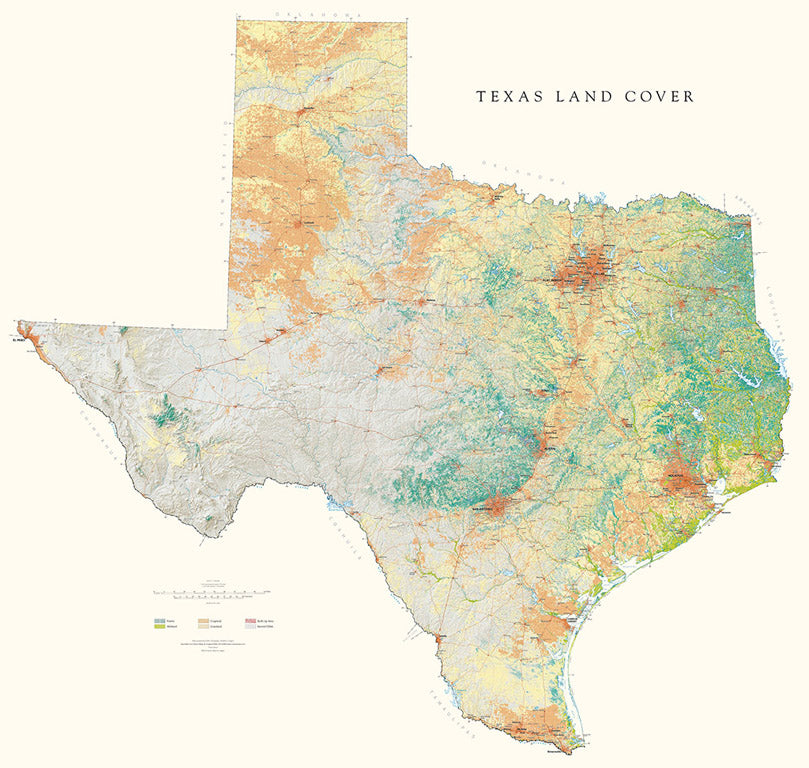 Texas Land Cover Fine Art Print Map Longitude Maps 