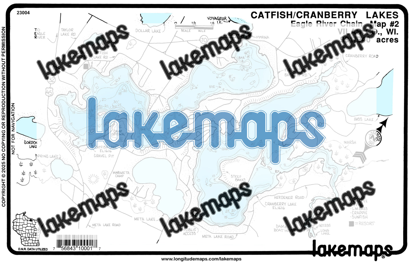Vilas County, WI - Eagle R. Chain - Catfish/cranberry/voyager - Lakemap - 23004