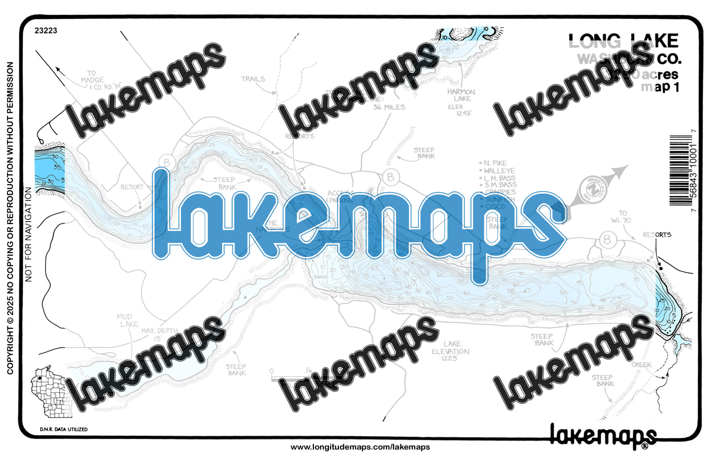Washburn County, WI - Long Lake - map 1 North Bay Narrows - Lakemap - 23223