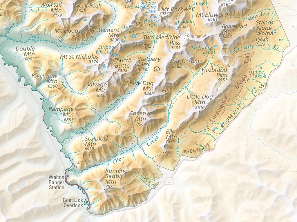 Waterton–Glacier International Peace Park Elevation Tints Fine Art Print Map