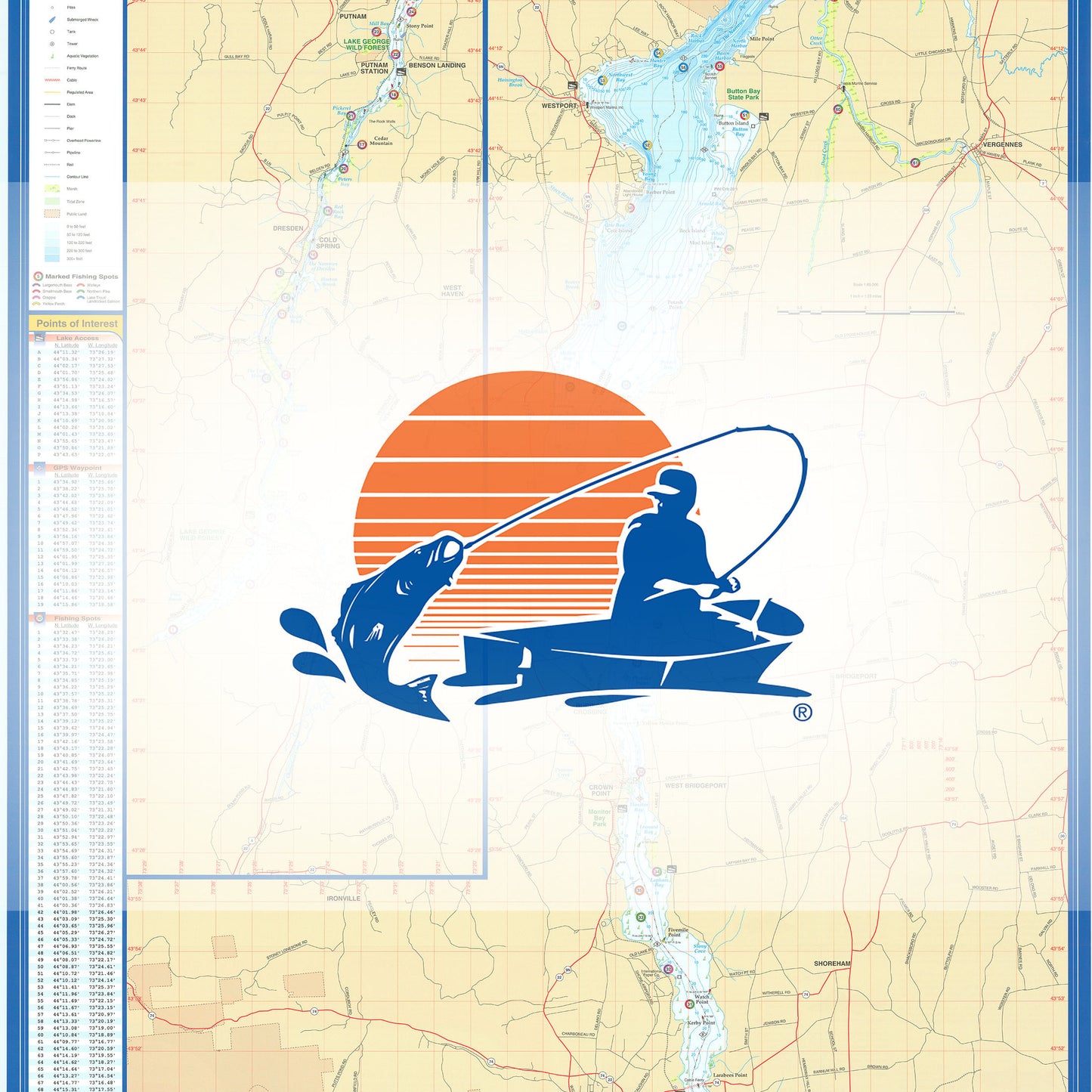 Lake Champlain South Fishing Map (Cedar Beach to Whitehall)