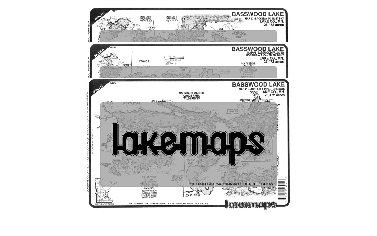 Lake County, MN - Basswood Lake - MAP PACK - Lakemap - 12503 - 7X11 Black & White (Polypropylene)