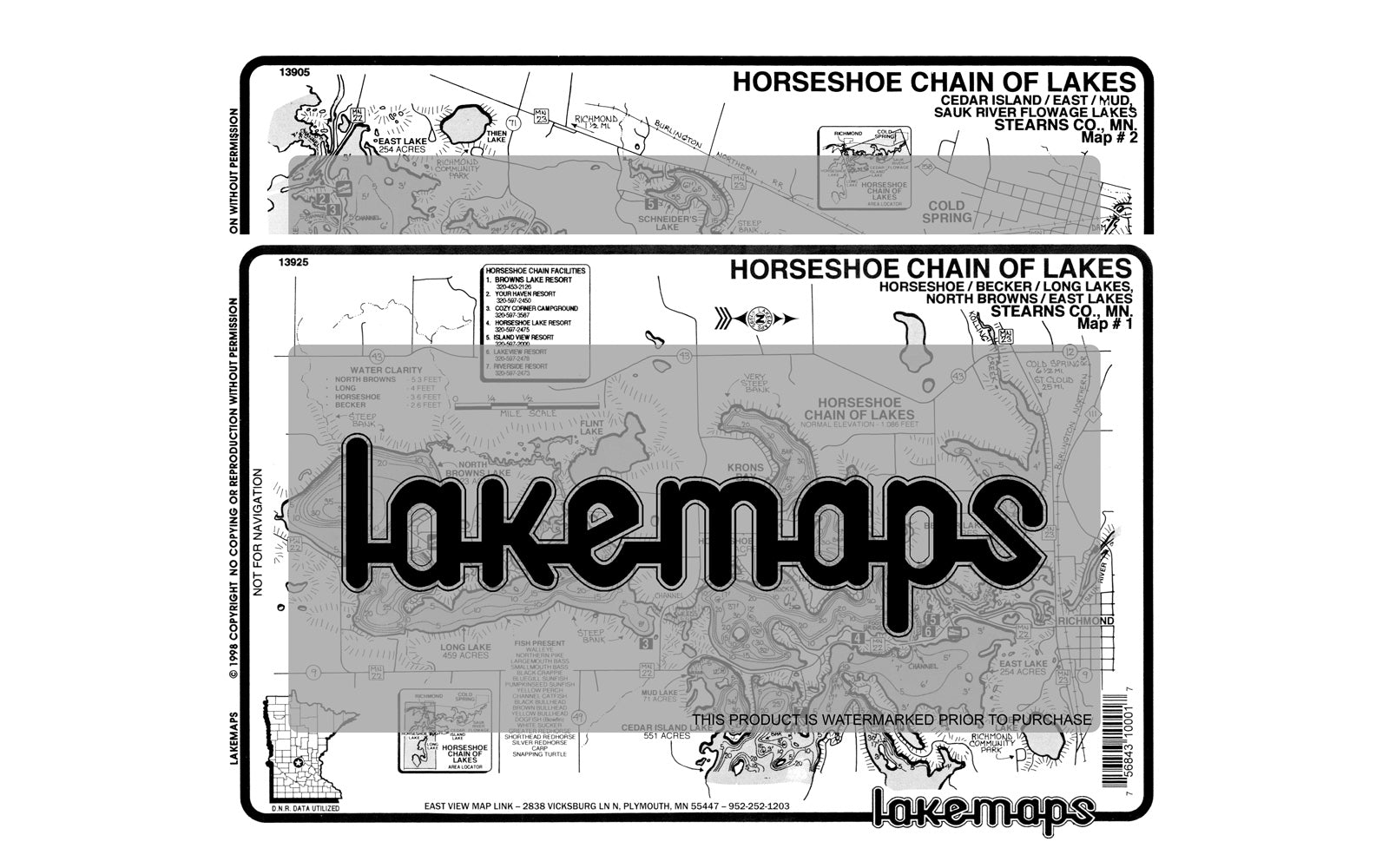 Stearns County, MN - Horseshoe Lake Chain - MAP PACK - Lakemap - 13910 - 7X11 Black & White (Polypropylene)