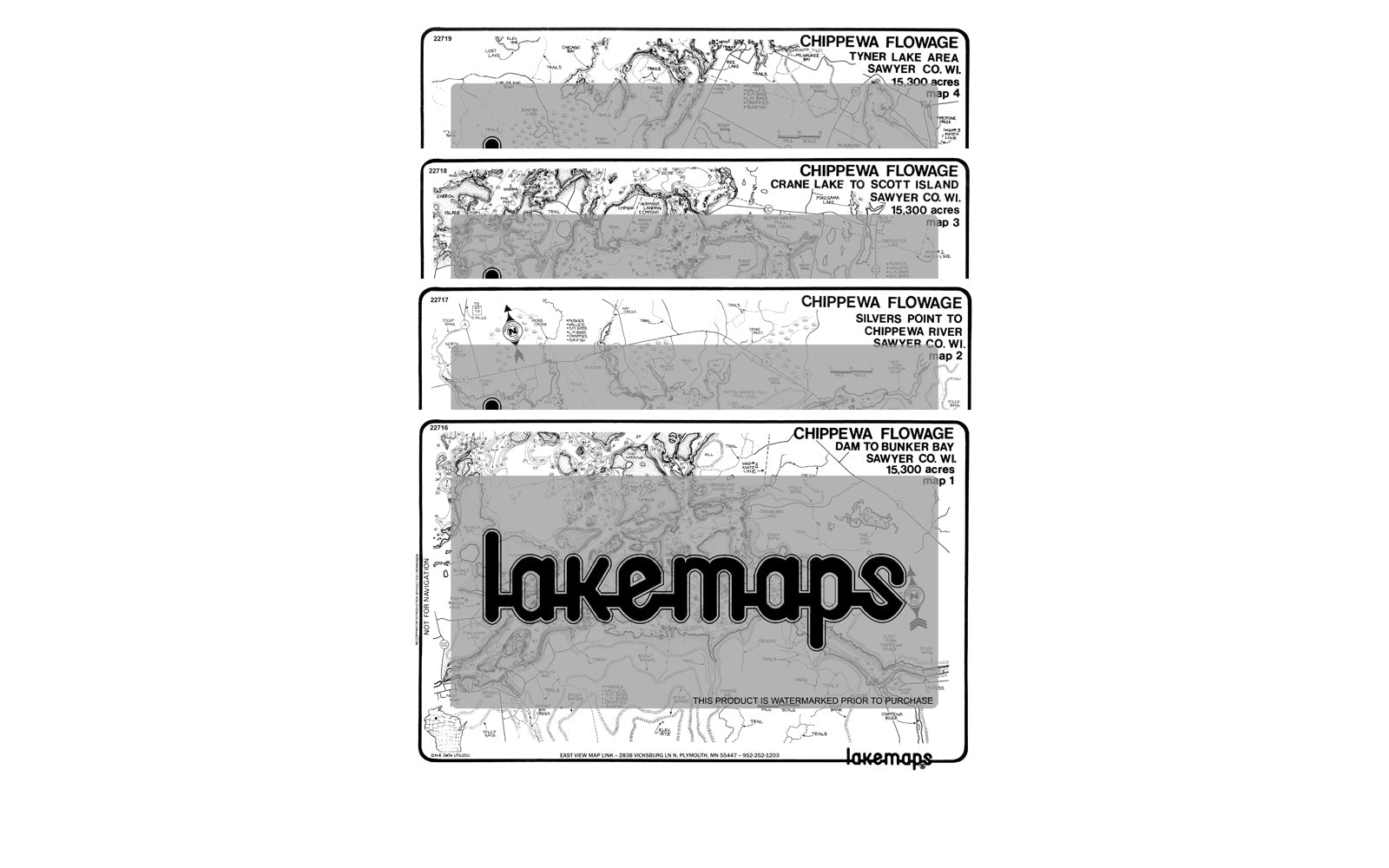 Sawyer County, WI - Chippewa Flow - MAP PACK - Lakemap - 22702 - 7X11 Black & White (Polypropylene)