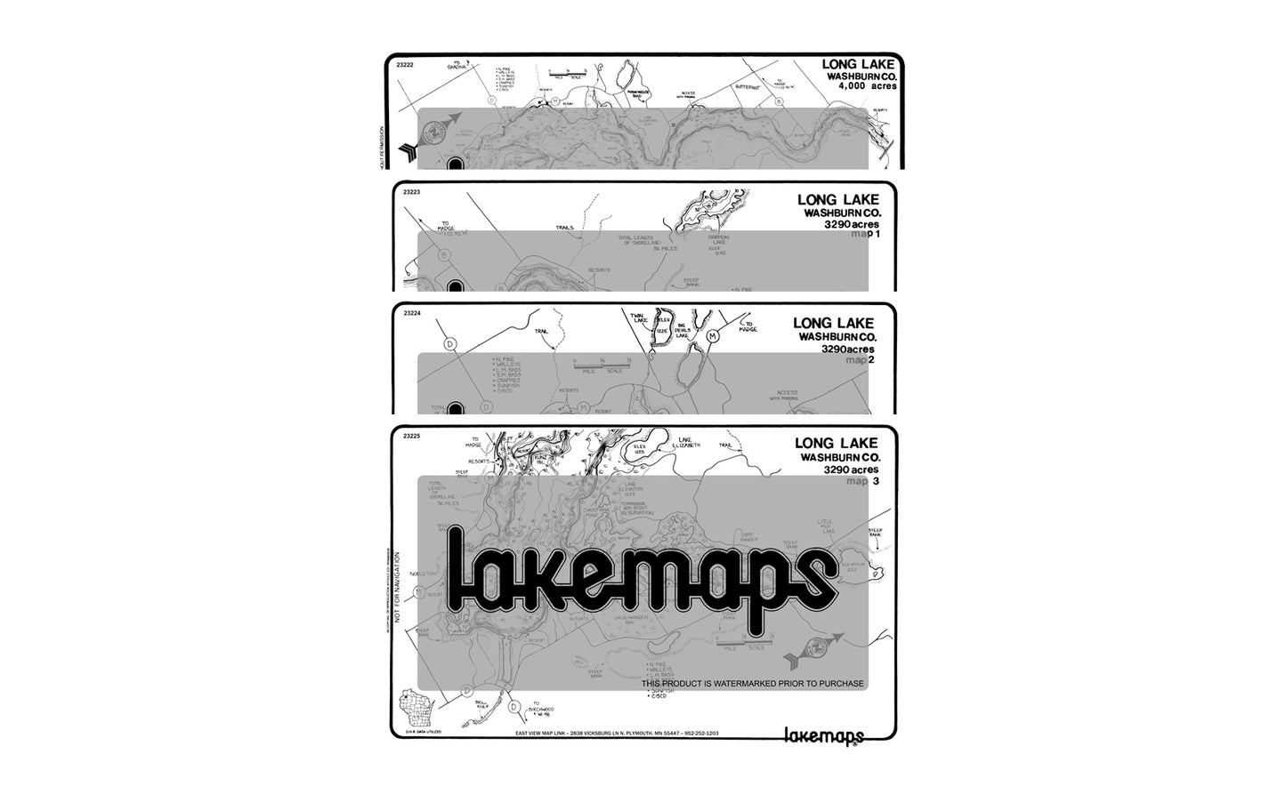 Washburn County, WI - Long Lake - MAP PACK - Lakemap - 23209 - 7X11 Black & White (Polypropylene)