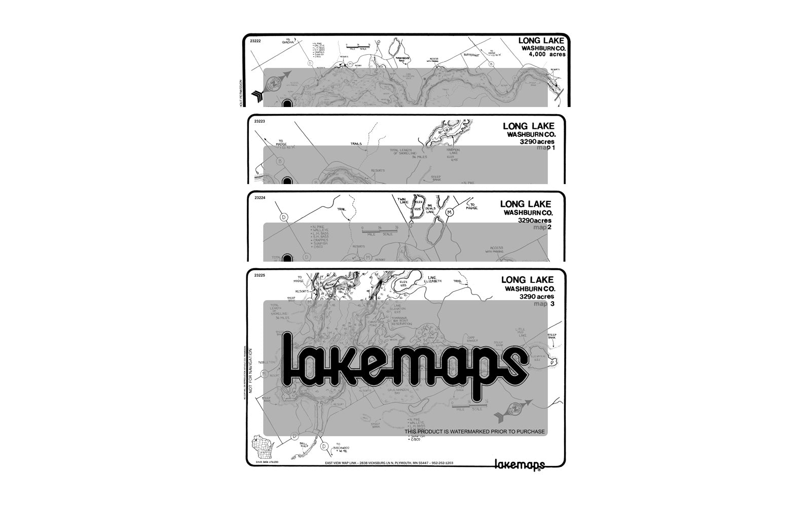 Washburn County, WI - Long Lake - MAP PACK - Lakemap - 23209 - 7X11 Black & White (Polypropylene)