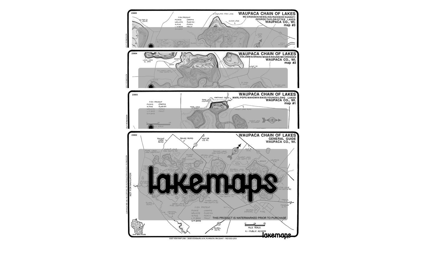 Waupaca County, WI - Waupaca Lake Chain - MAP PACK - Lakemap - 23801