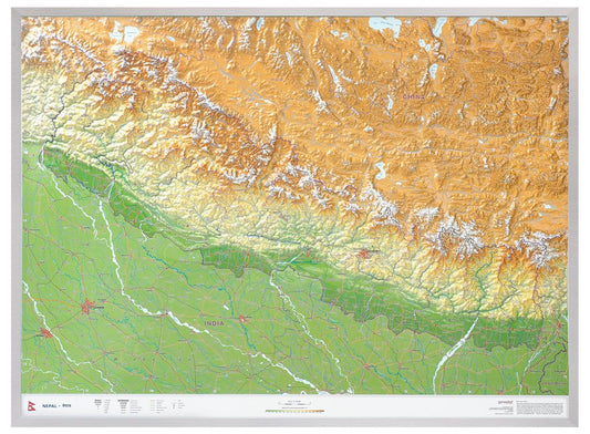 Nepal Raised Relief Map - Large, Silver Aluminum Frame