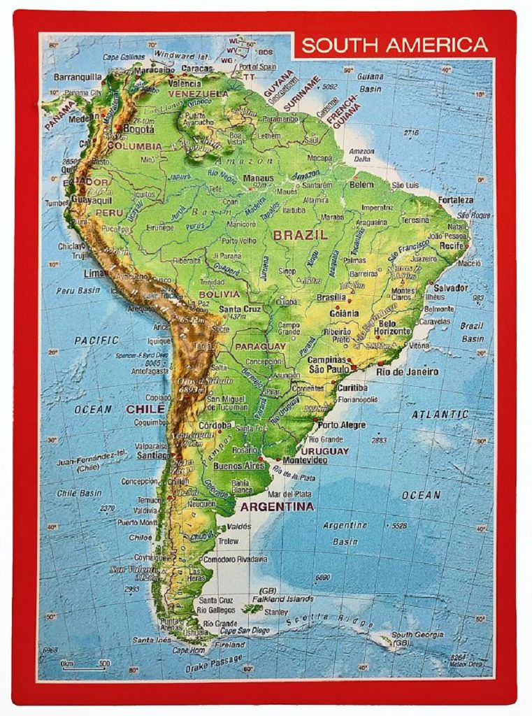 South America Raised Relief 3D Postcard