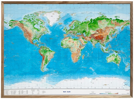 Earth Raised Relief Map - Large, Natural Wooden Frame