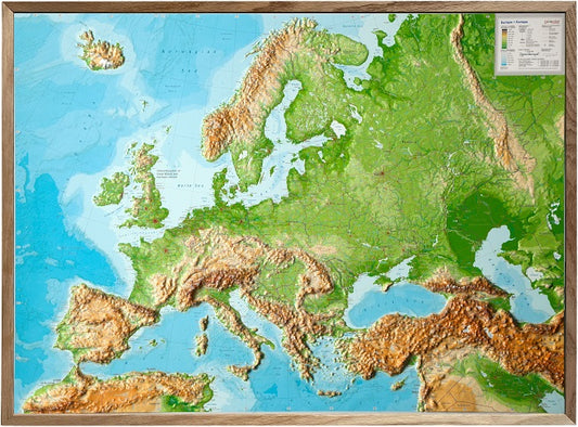Europe Raised Relief Map - Large, Natural Wooden Frame