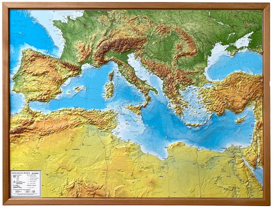 Mediterranean Sea Raised Relief Map - Large, Natural Wooden Frame