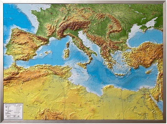 Mediterranean Sea Raised Relief Map - Large, Silver Aluminum Frame