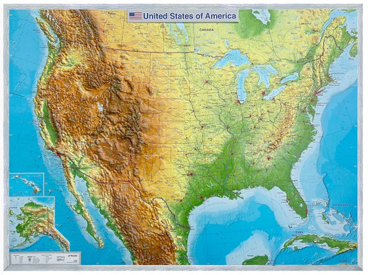 USA Raised Relief Map - Large, Silver Aluminum Frame