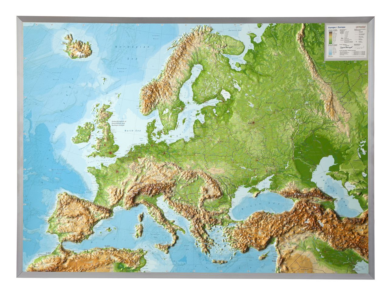 Europe Raised Relief Map - Large, Silver Aluminum Frame