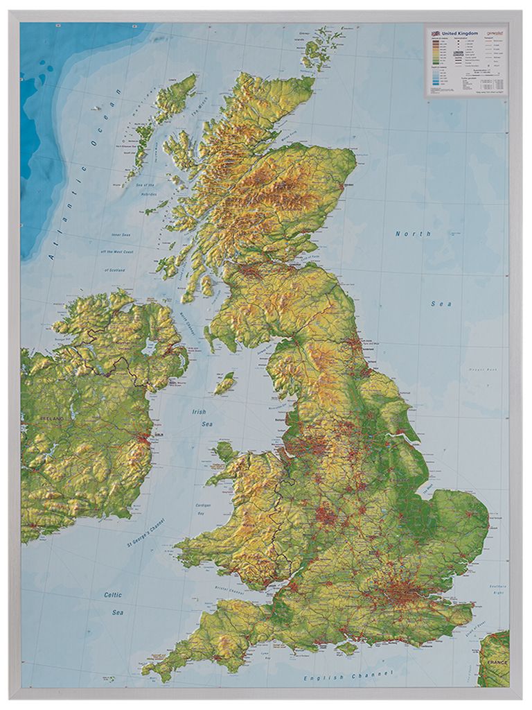 United Kingdom Raised Relief Map - Large, Silver Aluminum Frame