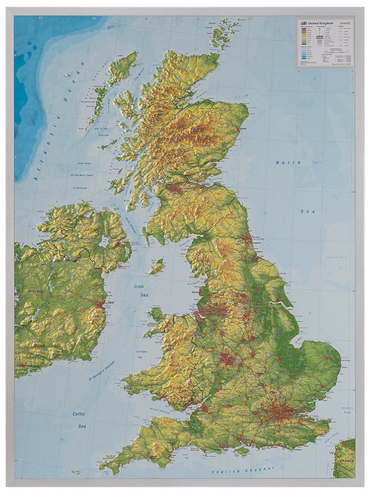 United Kingdom Raised Relief Map - Large, Silver Aluminum Frame