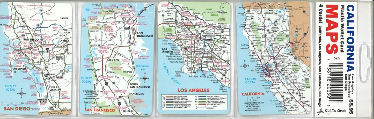 California : plastic wallet card maps : 4 cards! California, Los Angeles, San Francisco, San Diego