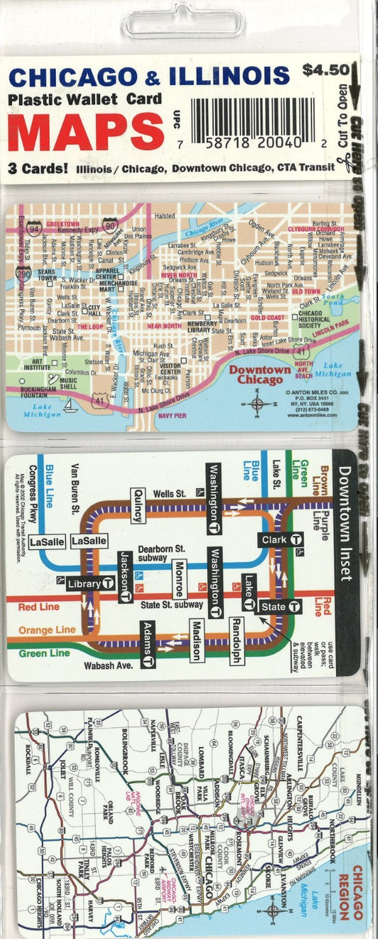 Chicago & Illinois : plastic wallet card maps : 3 cards! Illinois, Chicago, Downtown Chicago, CTA transit
