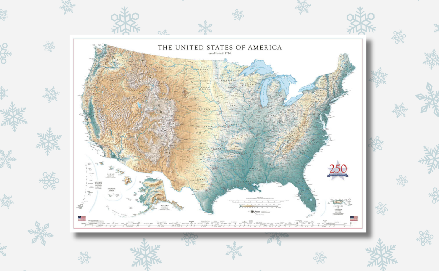 Commemorative 250th Anniversary map of the United States on a decorative background with snowflakes