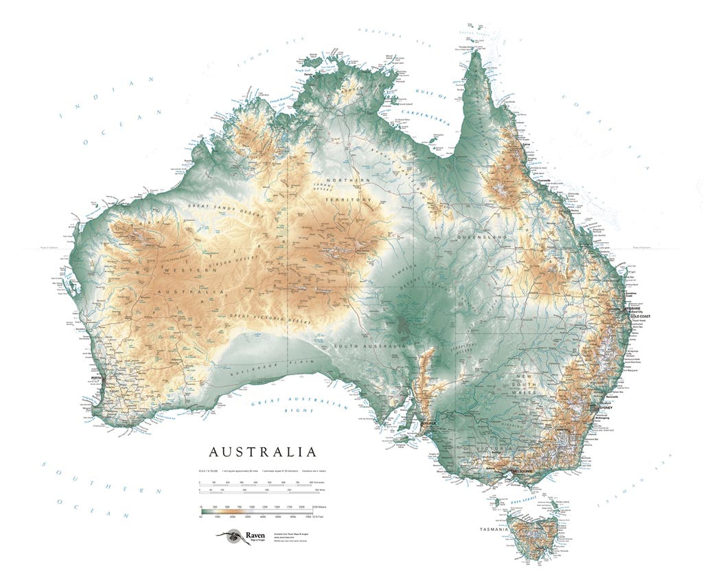 Australia Elevation Tints Fine Art Print Map
