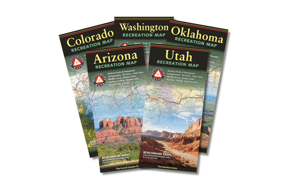 Set of five recreation maps for Colorado, Arizona, Washington, Oklahoma, and Utah on a white background.