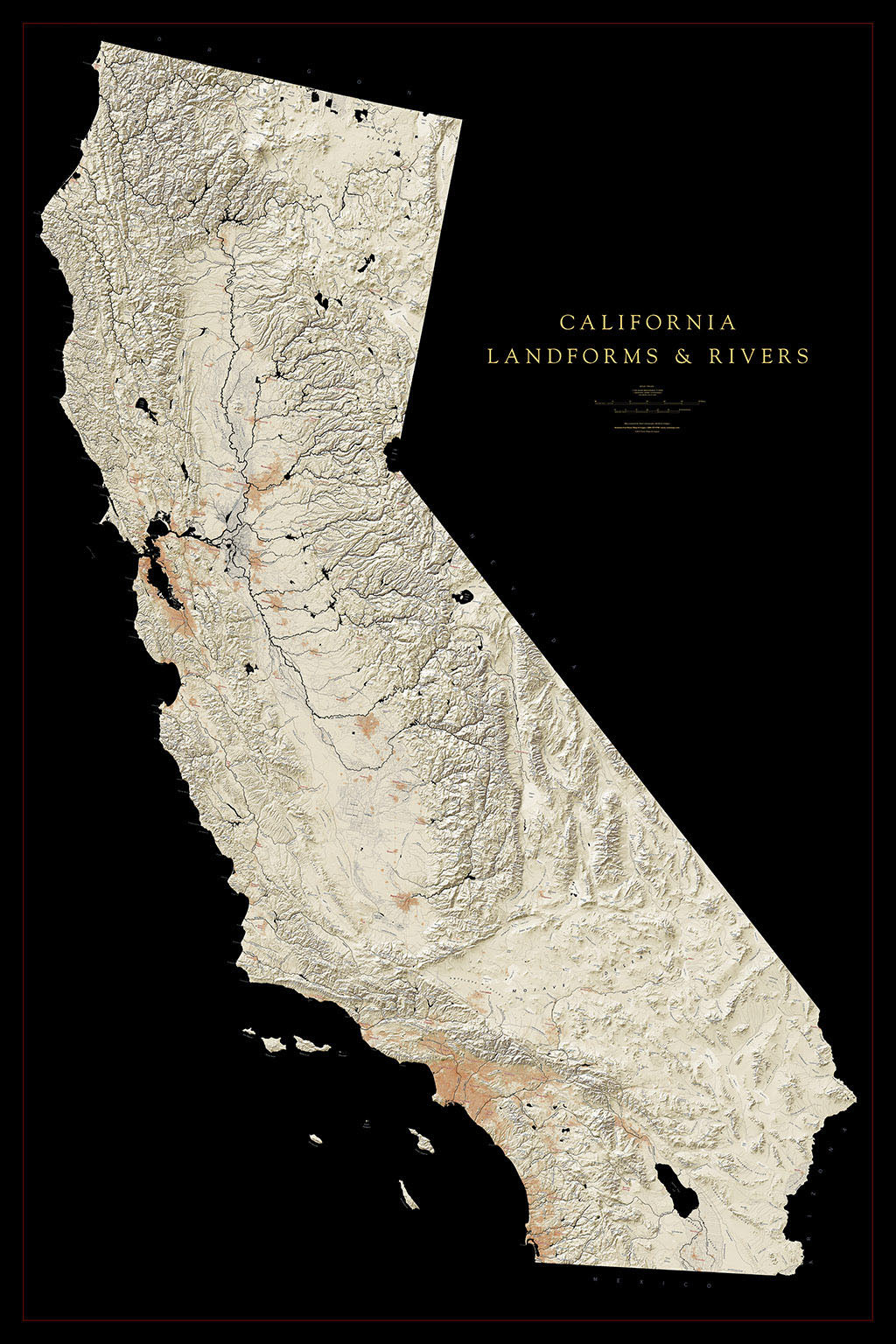 California Complete Rivers Map California Landforms and Rivers Fine Art Print Map – Longitude Maps