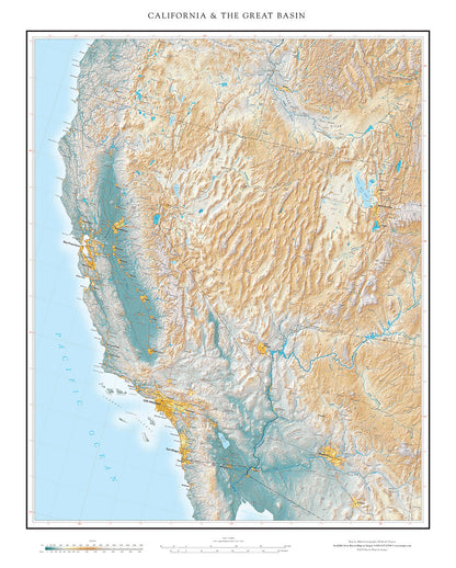 California & The Great Basin Elevation Tints Fine Art Print Map