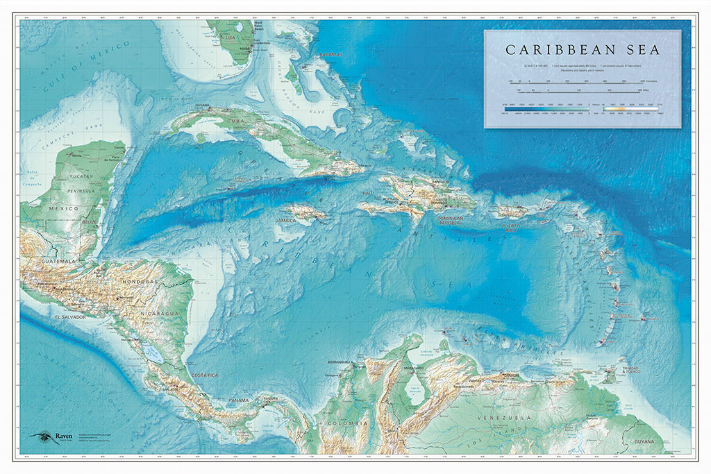 Caribbean Sea Elevation Tints Fine Art Print Map