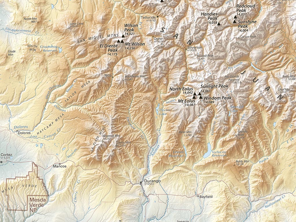 Colorado Fourteeners Map Elevation Tints Fine Art Print Map