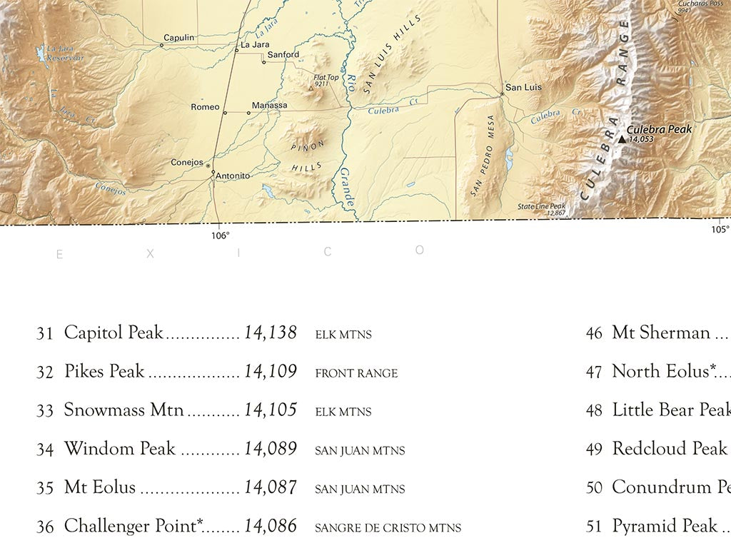 Colorado Fourteeners Map Elevation Tints Fine Art Print Map
