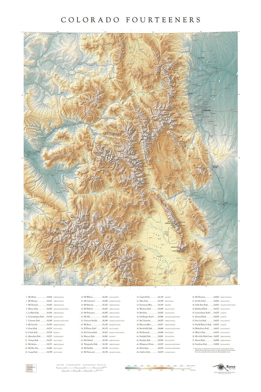 Colorado Fourteeners Map Elevation Tints Fine Art Print Map