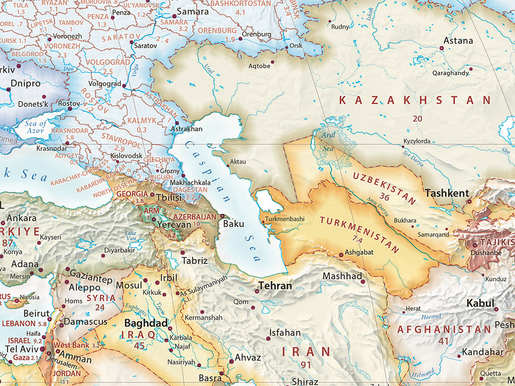 Countries of the World Elevation Tints Fine Art Print Map
