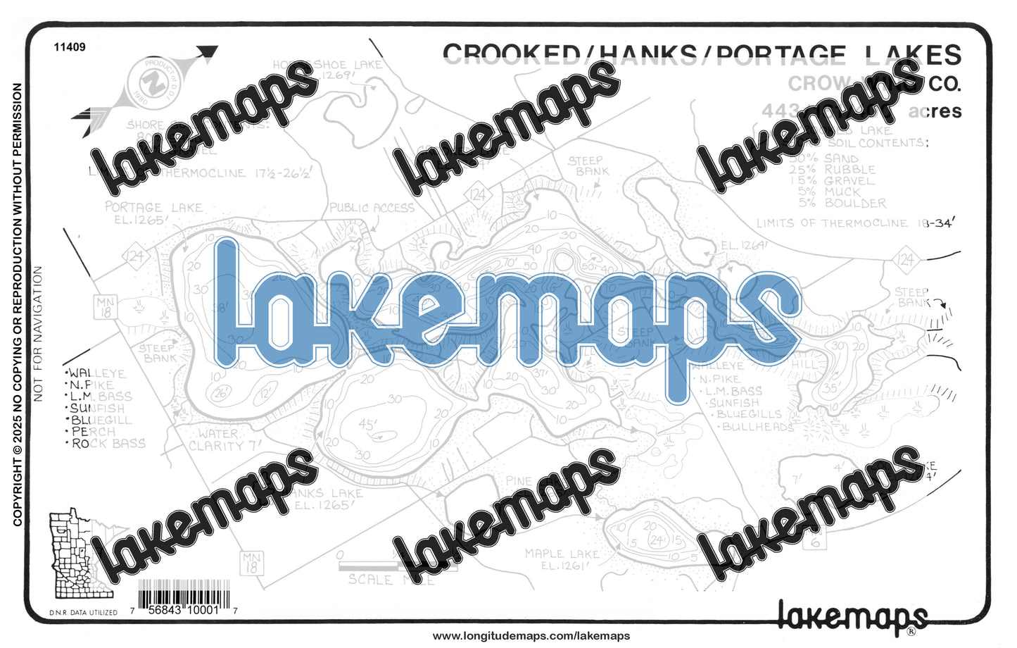 Crow Wing County, MN - CROOKED /  Hanks /  Portage - Lakemap - 11409