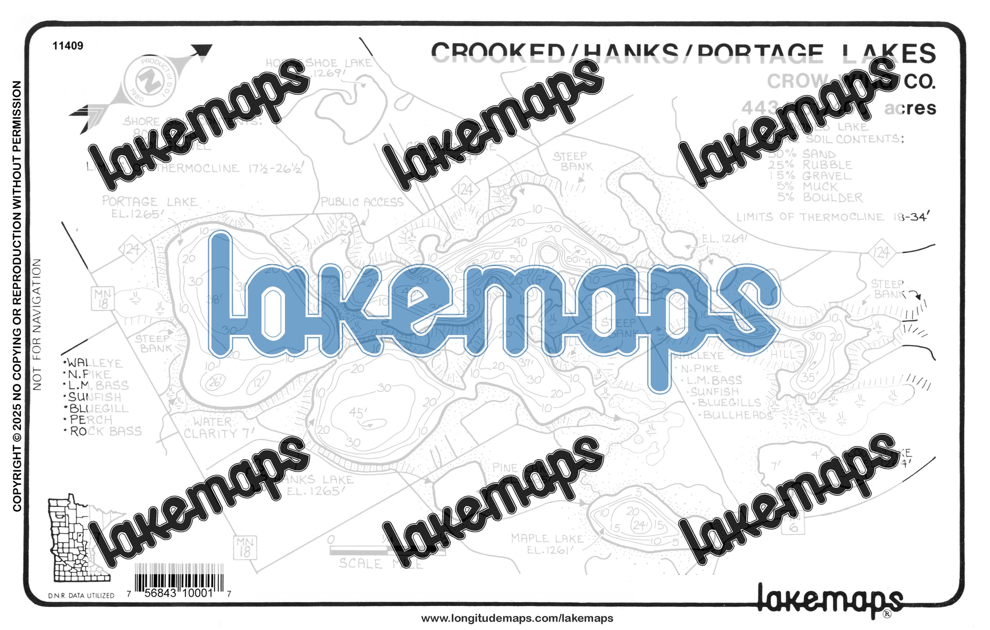 Crow Wing County, MN - CROOKED /  Hanks /  Portage - Lakemap - 11409