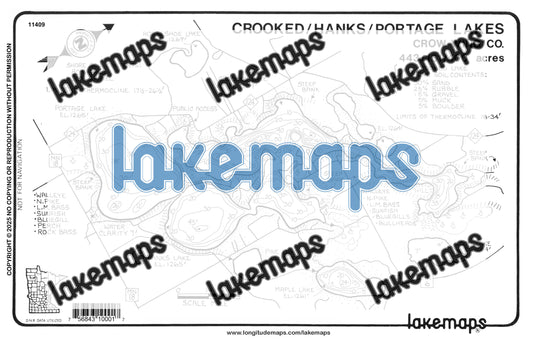 Crow Wing County, MN - CROOKED /  Hanks /  Portage - Lakemap - 11409