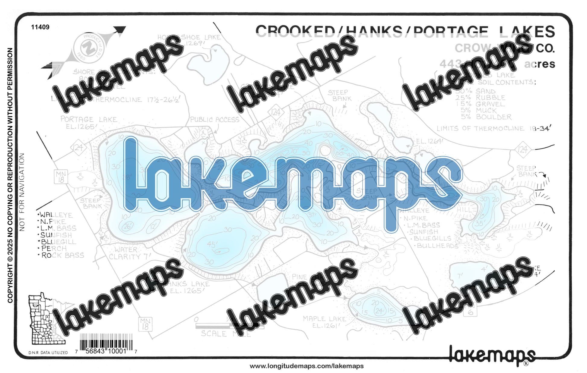 Crow Wing County, MN - CROOKED /  Hanks /  Portage - Lakemap - 11409