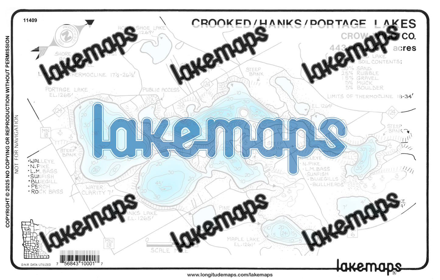 Crow Wing County, MN - CROOKED /  Hanks /  Portage - Lakemap - 11409