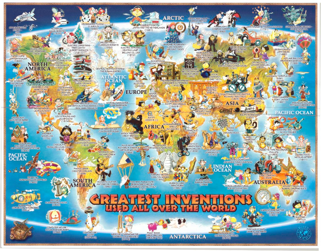 Dino's Illustrated Map of the World - Greatest Inventions, 12" x 18"