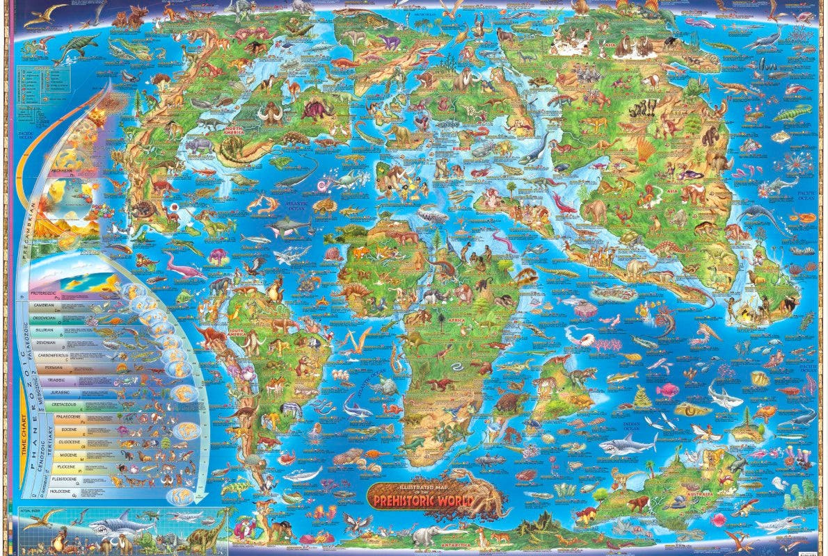 Dino's Illustrated Map of the Prehistoric World, 38" x 54"