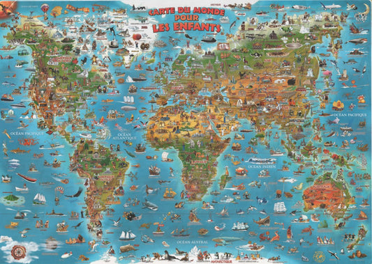 Dino's Illustrated Children's Map of the World, 38" x 54" - French Edition