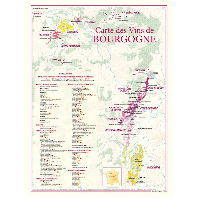 Burgundy Region Wines & Vineyards Map (Vins de Bourgogne) - 30x40