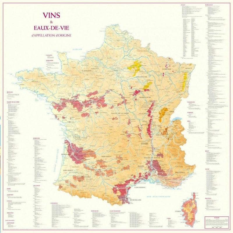 French Wines and Spirits Wall Map (Vins & Eau de Vie d'Appellation d'Origine de France) - Laminated