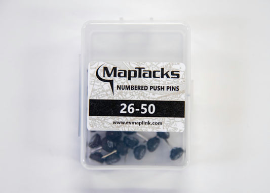 Map Push Pins, Black, Numbered 26-50