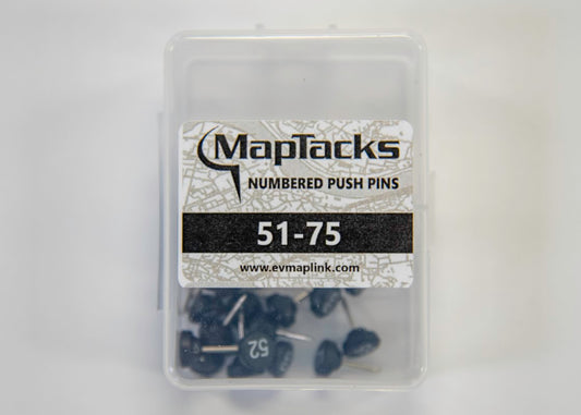 Map Push Pins, Black, Numbered 51-75