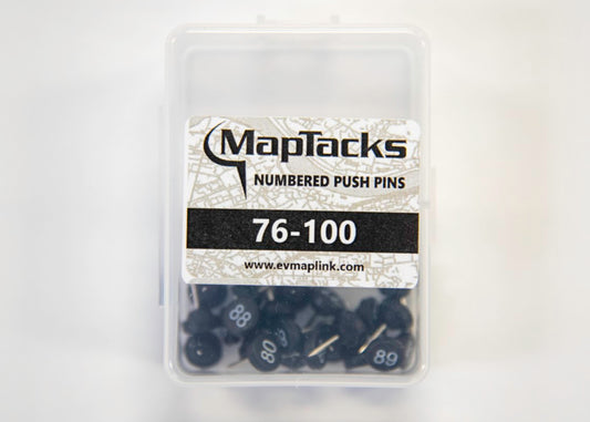 Map Push Pins, Black, Numbered 76-100