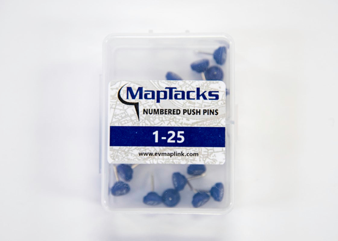 Map Push Pins, Blue, Numbered 1-25