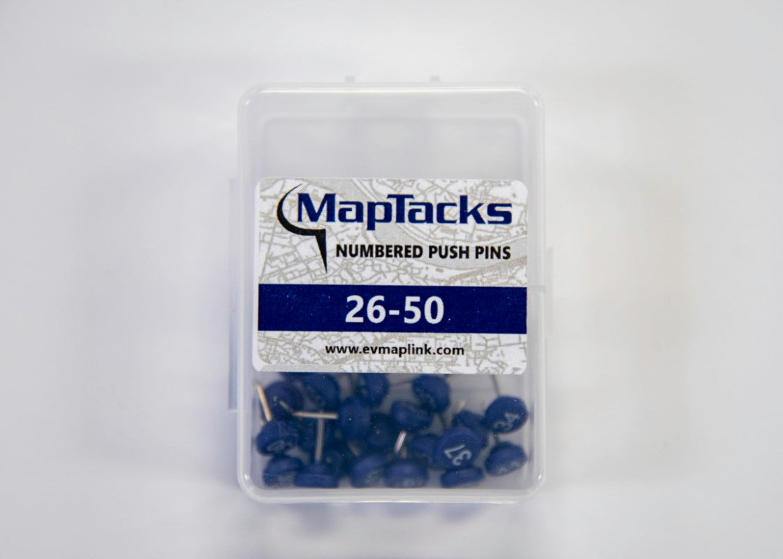 Map Push Pins, Blue, Numbered 26-50