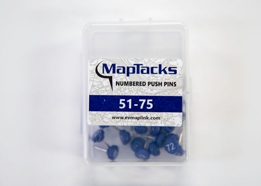 Map Push Pins, Blue, Numbered 51-75