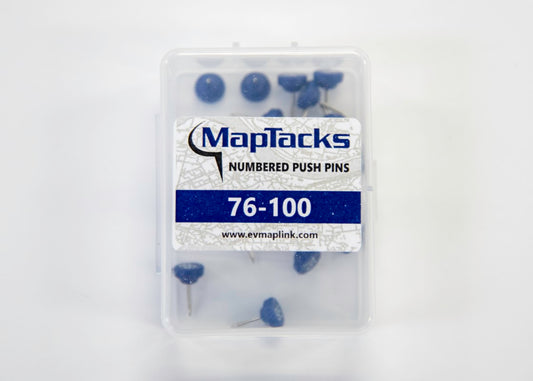Map Push Pins, Blue, Numbered 76-100